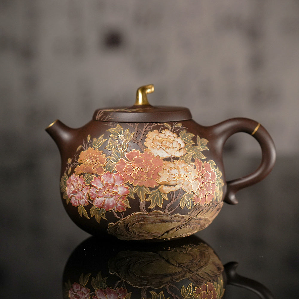 YiXing ZiSha宜兴紫砂壶 Peony gold-painted eggplant segment pot牡丹描金茄段壶[ZS04]