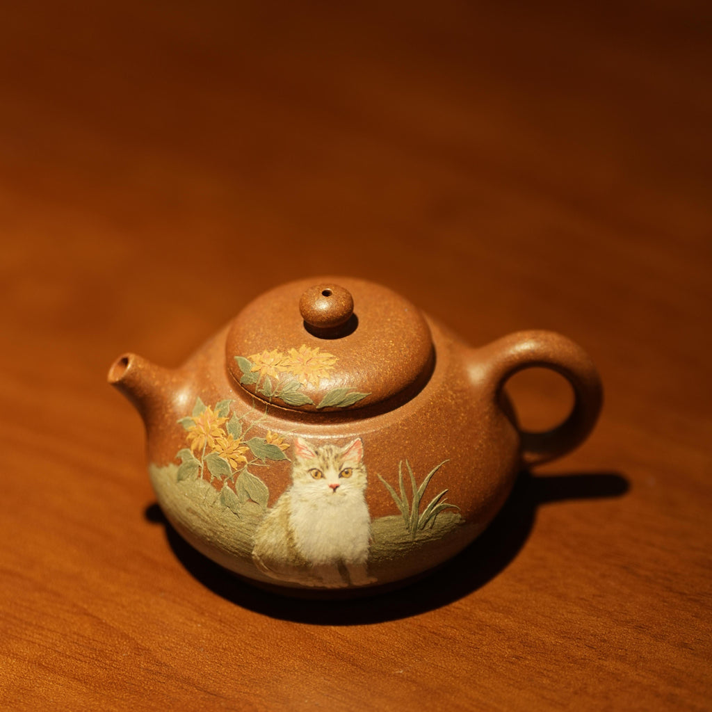 YiXing ZiSha Slope Mud Shipiao Cat Teapot 石瓢壶-猫图120ml[ZS78]