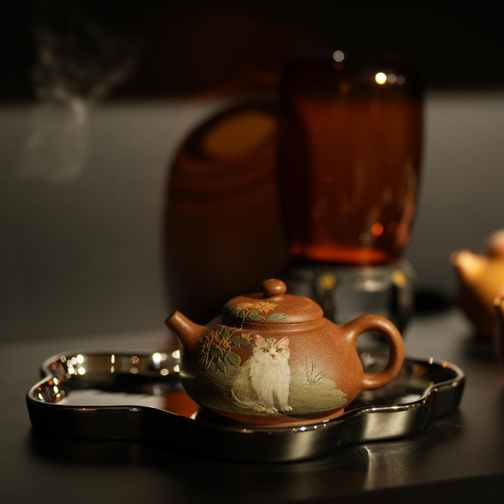 YiXing ZiSha Slope Mud Shipiao Cat Teapot 石瓢壶-猫图120ml[ZS78]