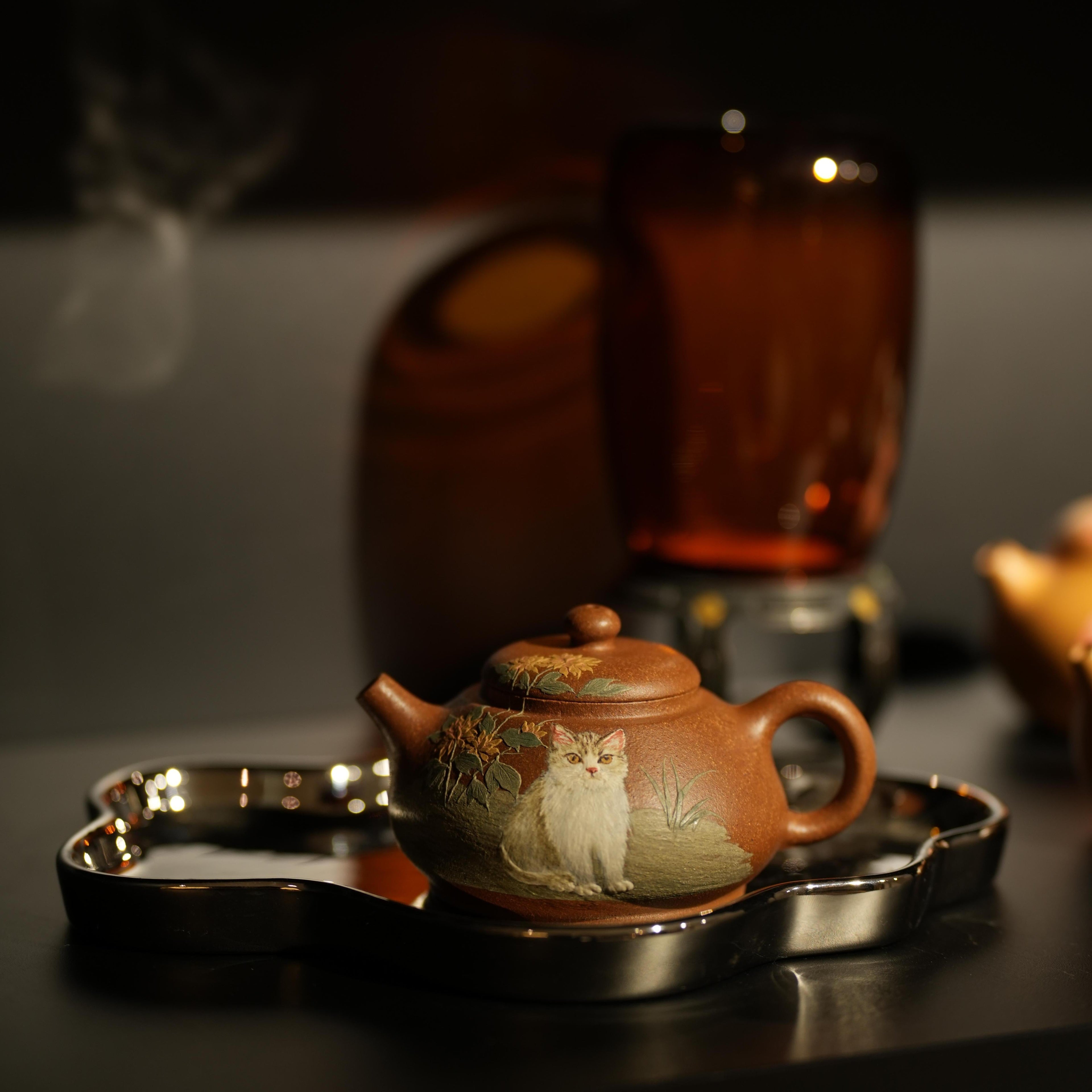 YiXing ZiSha Slope Mud Shipiao Cat Teapot 石瓢壶-猫图120ml[ZS78]