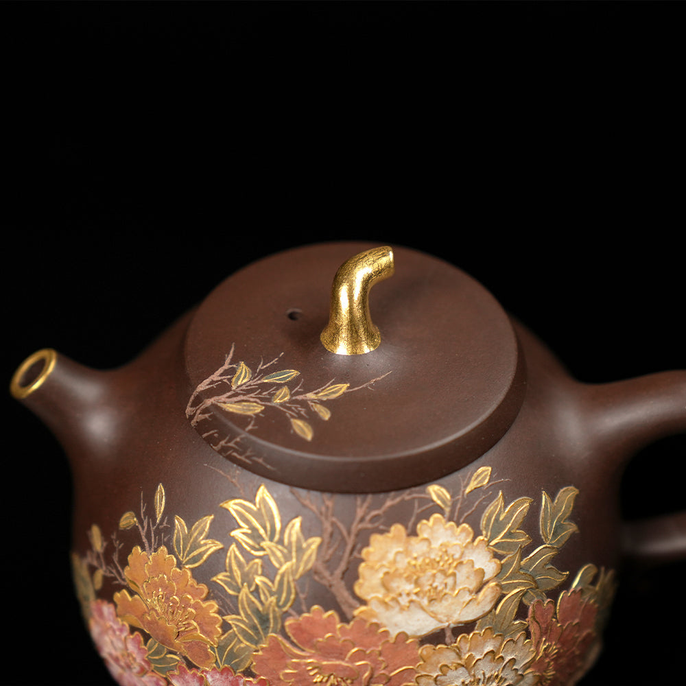 YiXing ZiSha宜兴紫砂壶 Peony gold-painted eggplant segment pot牡丹描金茄段壶[ZS04]