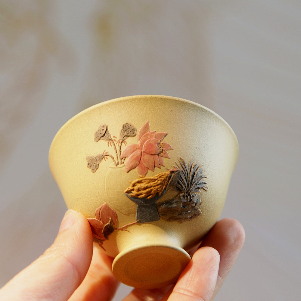 YiXing  Goblet Multi-Flowers Purple Clay Cup 高足繁花杯[TS57]