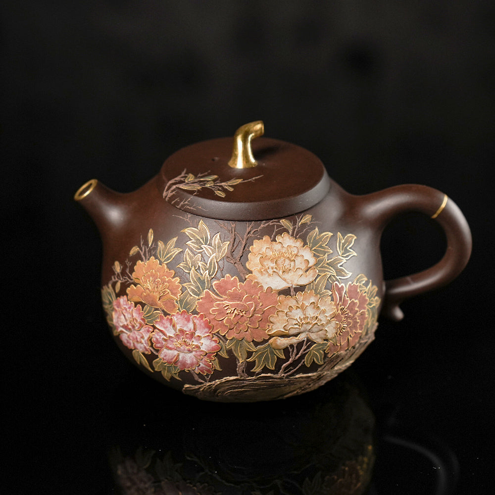 YiXing ZiSha宜兴紫砂壶 Peony gold-painted eggplant segment pot牡丹描金茄段壶[ZS04]