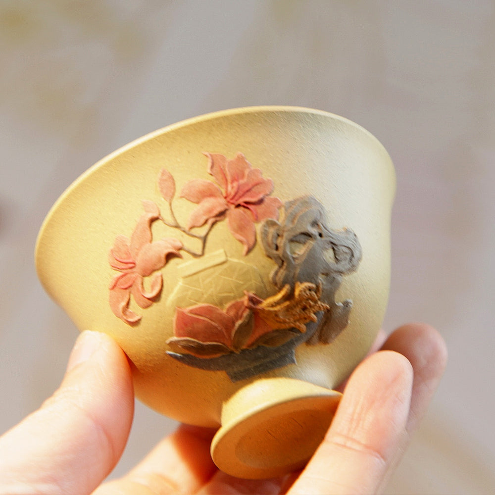 YiXing  Goblet Multi-Flowers Purple Clay Cup 高足繁花杯[TS57]