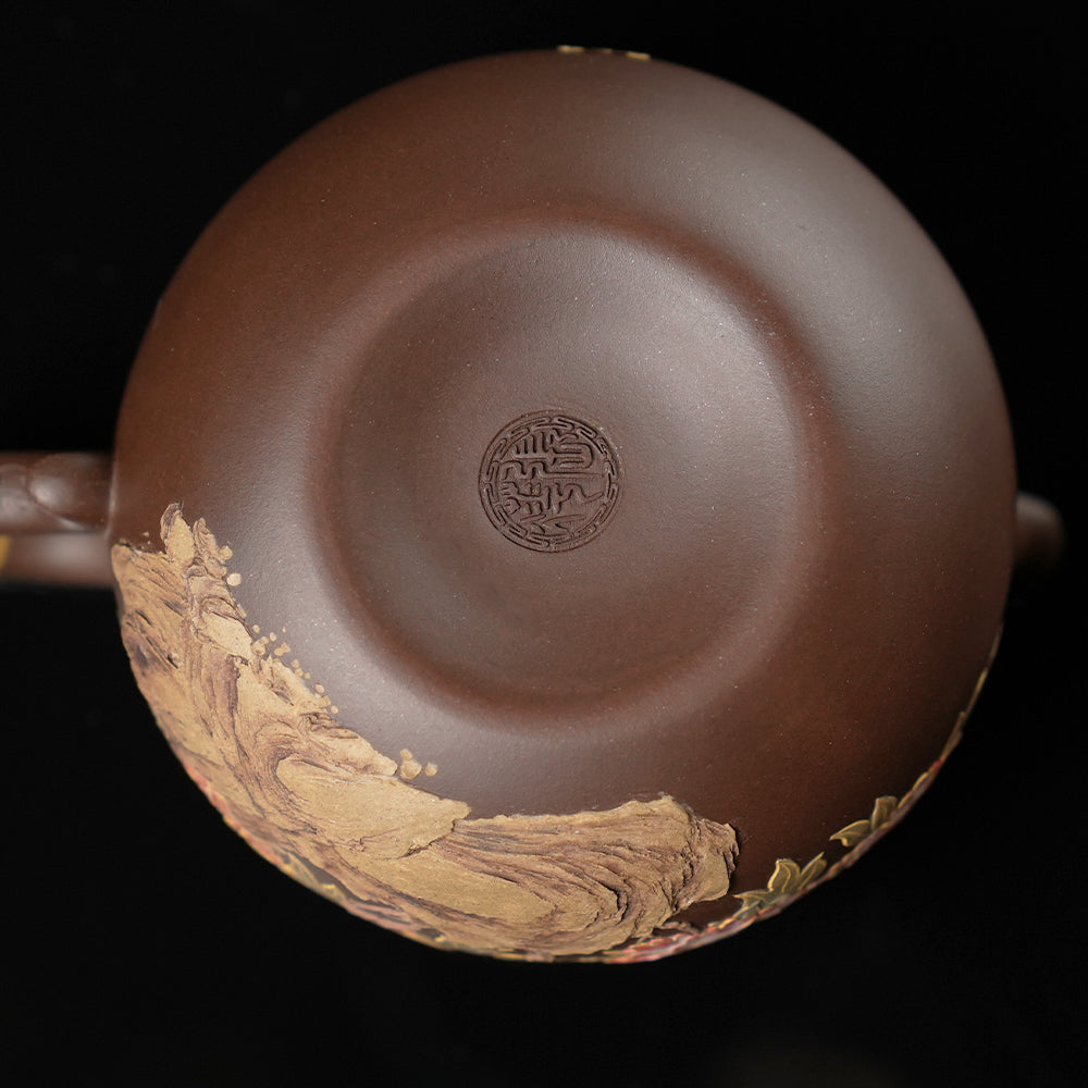 YiXing ZiSha宜兴紫砂壶 Peony gold-painted eggplant segment pot牡丹描金茄段壶[ZS04]