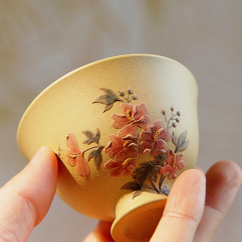YiXing ZiSha Goblet Multi-Flowers Purple Clay Cup 高足繁花杯[ZS57]